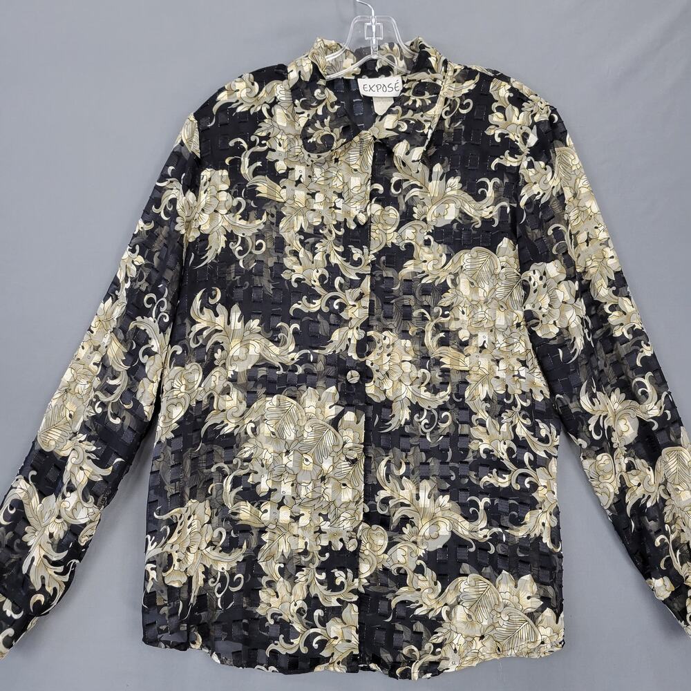 Expose Black Gold Shirt Floral Sheer Blouse Long Sleeves Button Up Womens Size L